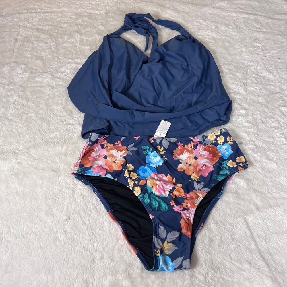 Cupshe Womens Blue Floral Halter Tankini Swimsuit Set‎ CAA12D3E10UU Medium NWT